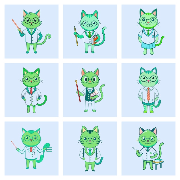 Vector mentor felino iluminado arte vectorial vibrante que representa a un gato verde enseñando e inspirando a un estudiante