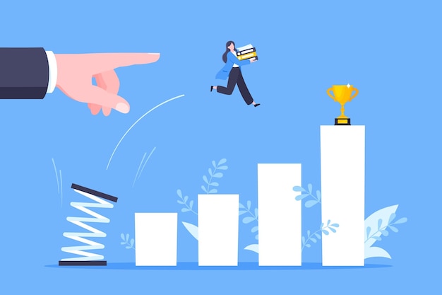 El mentor de negocios ayuda a mejorar la carrera con la ilustración vectorial del trampolín