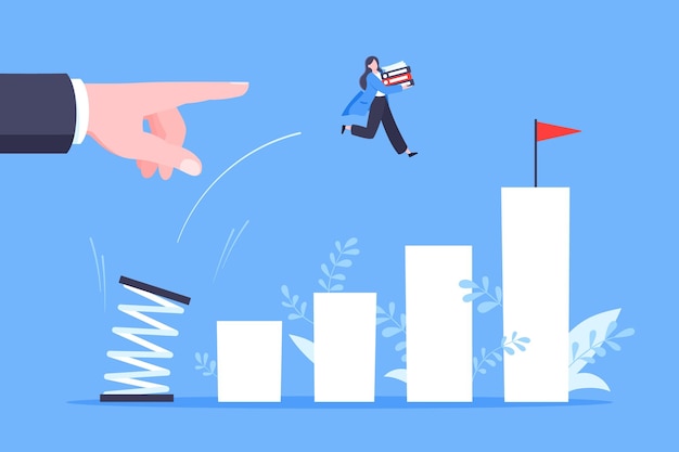 El mentor de negocios ayuda a mejorar la carrera con la ilustración vectorial del trampolín