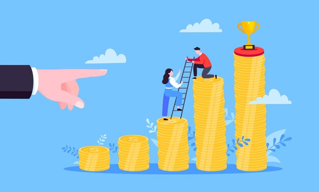 Mentor de negocios ayuda a mejorar la carrera y las pilas de dinero creciendo Él tiene escaleras pasos vector