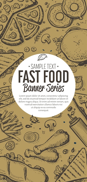 Vector menú de banner vertical de garabatos de comida rápida