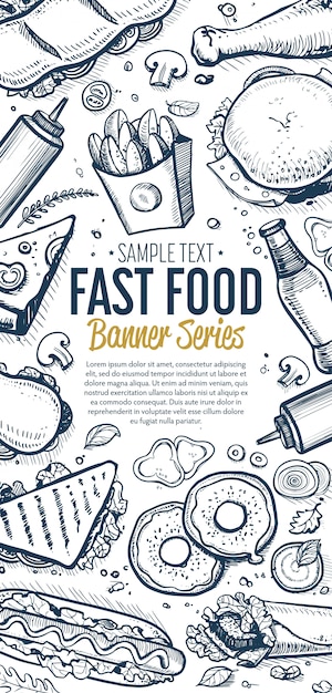 Vector menú de banner vertical de garabatos de comida rápida