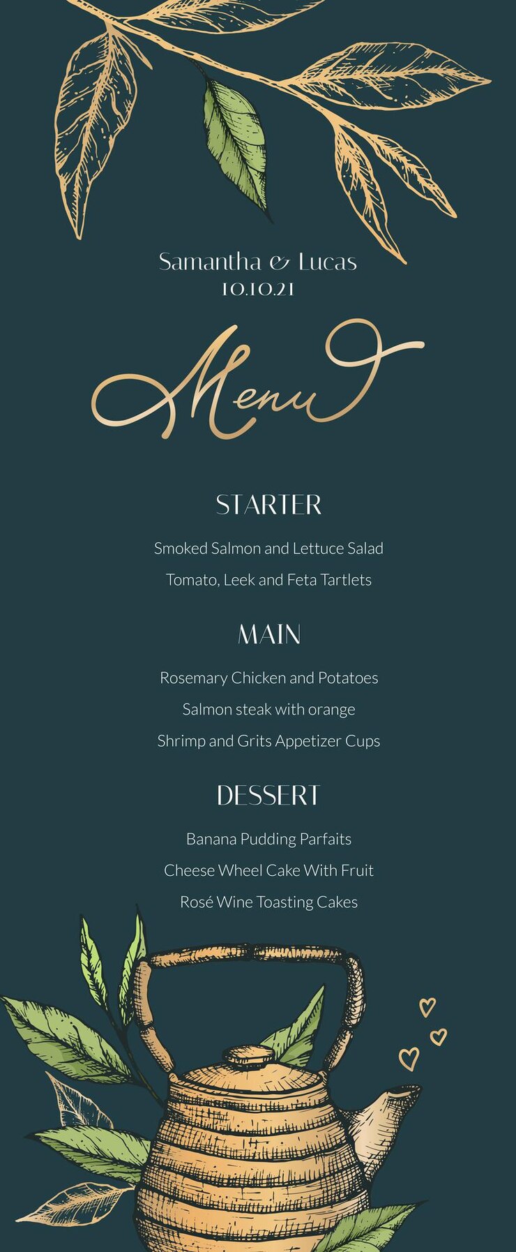 Vector un menú para beber té, bodas, fiestas. hojas de té, postres y platos principales en un menú elegante con corazones