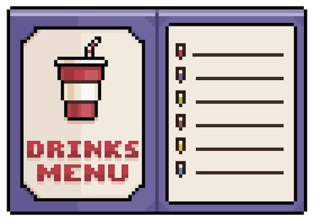 Menú de bebida de arte de píxeles, icono de vector de menú de papel abierto para juego de 8 bits sobre fondo blanco
