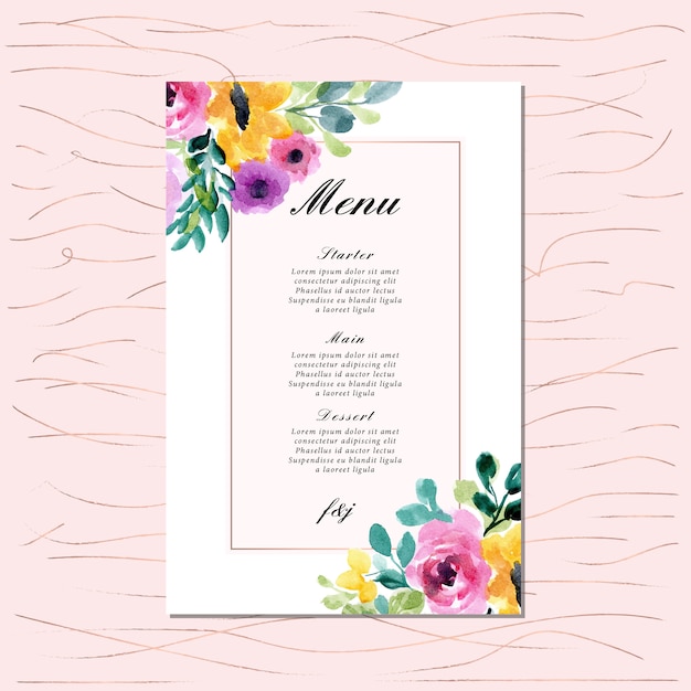 Vector menú de bodas con acuarela floral