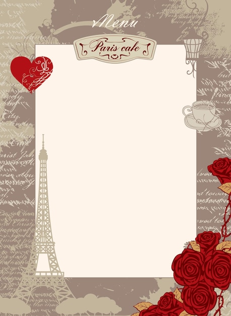 menú para café con Torre Eiffel y rosas