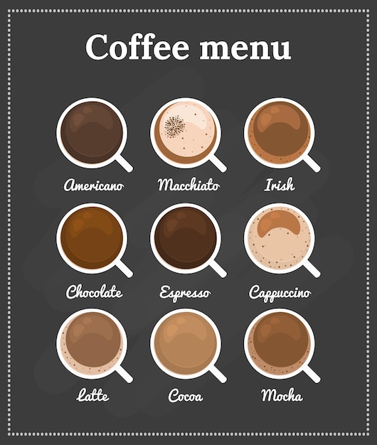 Menú de café Vista superior Diferentes tipos de café chocolate cacao en la pizarra Perfecto para el menú
