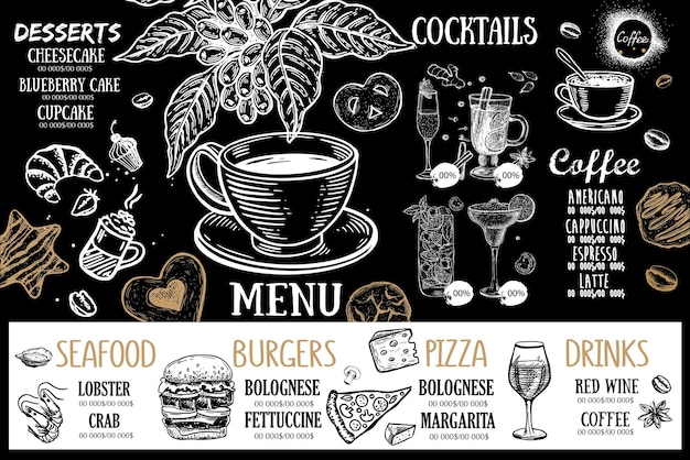 Menú de la cafetería El diseño de la plantilla del menú del café del restaurante El volante de alimentos