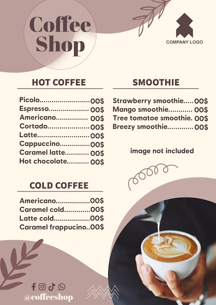 Menú de cafetería diseños de plantillas de menú de café sabrosos