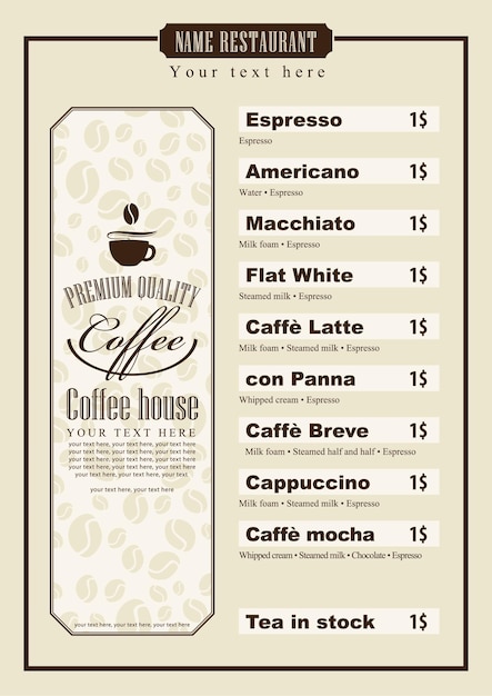menú para cafetería con taza de café y lista de precios