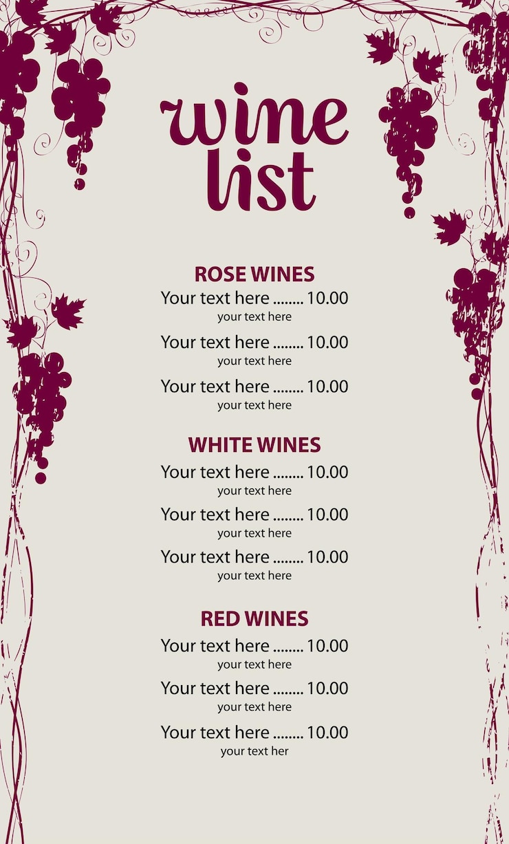 Vector menú carta de vinos