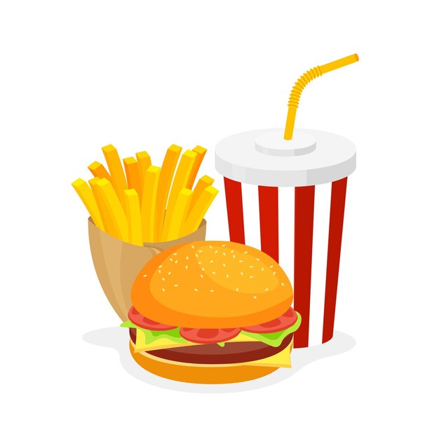Menú clásico de comida rápida Conjunto de comida americana vectorial Papas fritas Hamburguesa de soda Bebida carbonatada suave