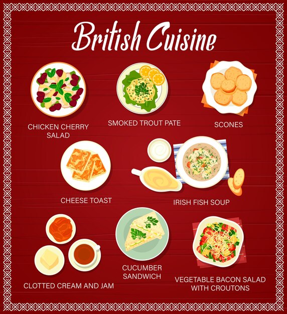 Menú de cocina británica. Ensalada de pollo y cereza, paté de trucha ahumada y bollos, tostadas de queso, sopa irlandesa de pescado y sándwich de pepino, crema cuajada con mermelada, ensalada de tocino y verduras con crutones