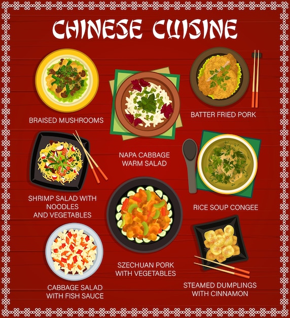 Vector menú de cocina china con platos de restaurante asiático