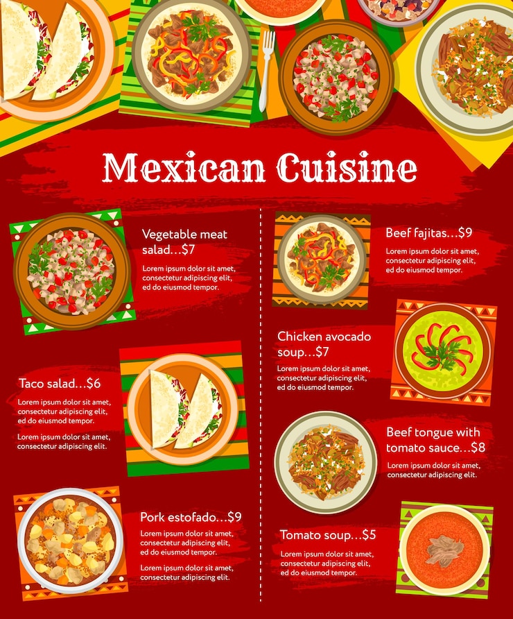 Vector menú de cocina de comida mexicana, platos de almuerzo o cena, cartel de restaurante de vector. cocina mexicana tradicional tacos, fajitas y platos de carne chili con carne, sopa de pollo con aguacate y lengua de res con tomate