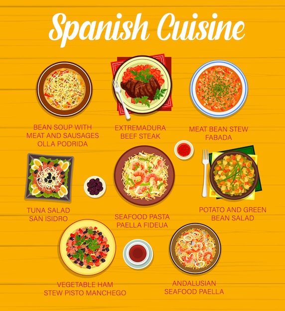 Vector menú de cocina española con platos de restaurante.