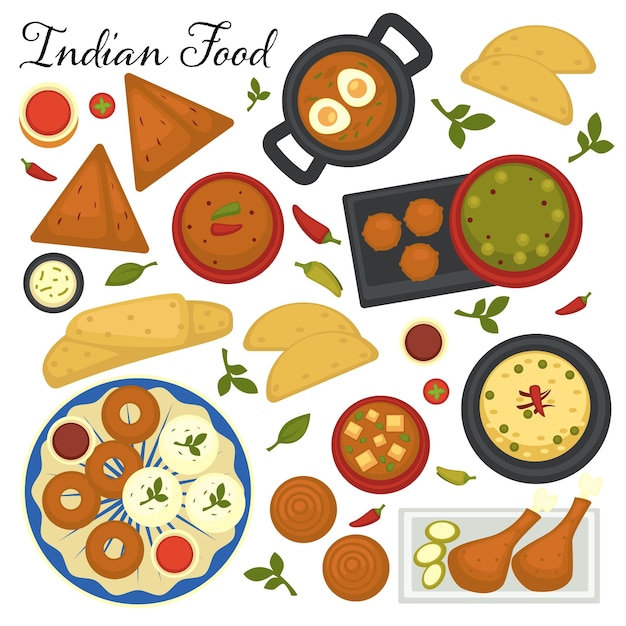 Menú de cocina india colección de platos de sopas indias y bocadillos picantes tandoori vector en plano
