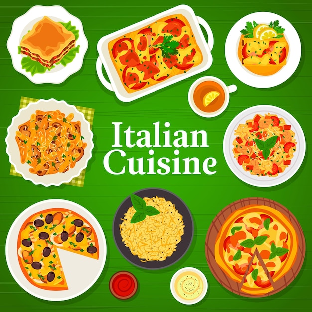 Menú de cocina italiana cubierta pasta pizza risotto