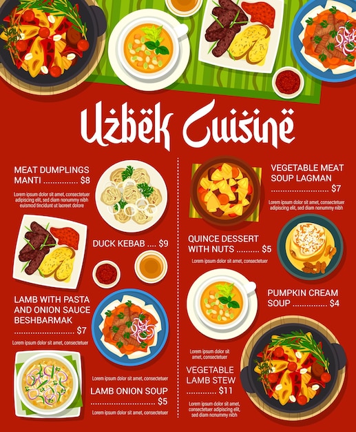 Menú de cocina uzbeka comida de Uzbekistán y platos