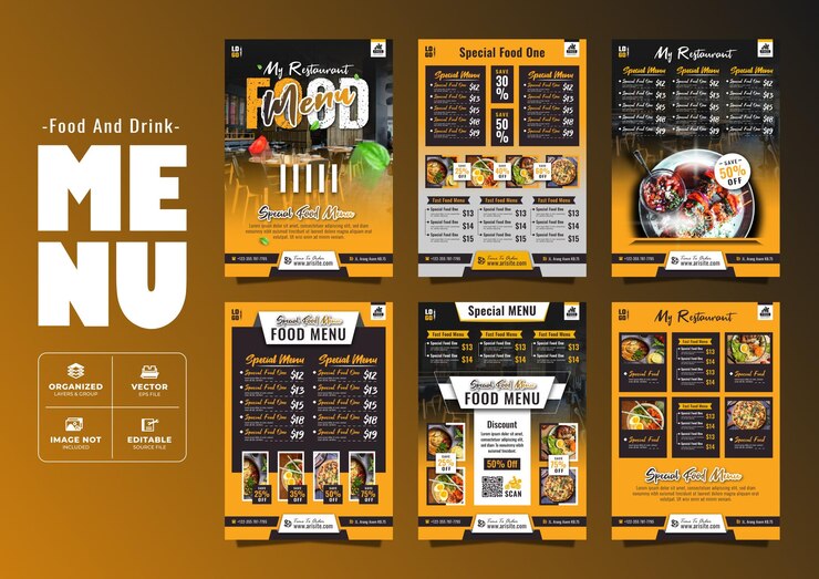 Vector menú de comida y bebida diseño de pancarta y plantilla de volante para promoción