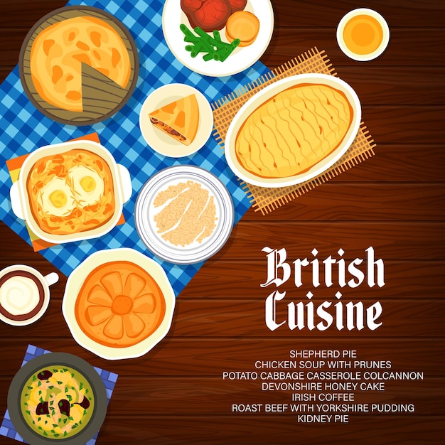 Menú de comida británica cubre platos de cocina inglesa