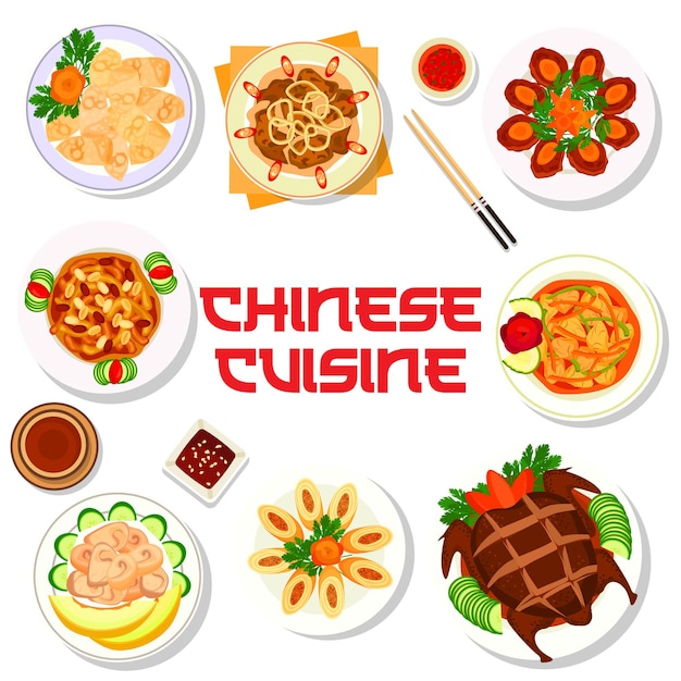 Menú de comida de cocina china con platos y platos asiáticos