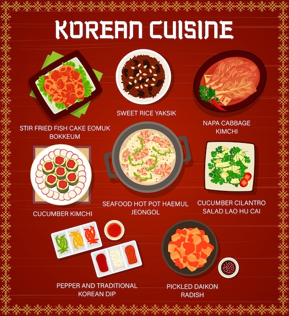 Menú de comida de cocina coreana, comidas de platos asiáticos de Corea