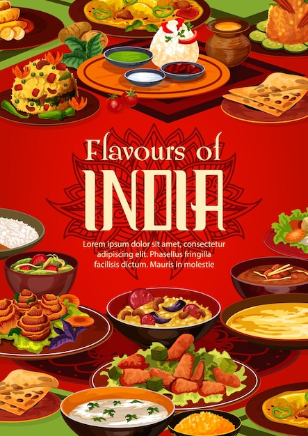 Menú de comida de la cocina india o portada de recetas de cocina