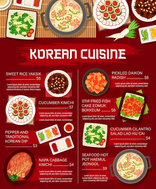 Menú de comida coreana, platos de restaurante de cocina coreana