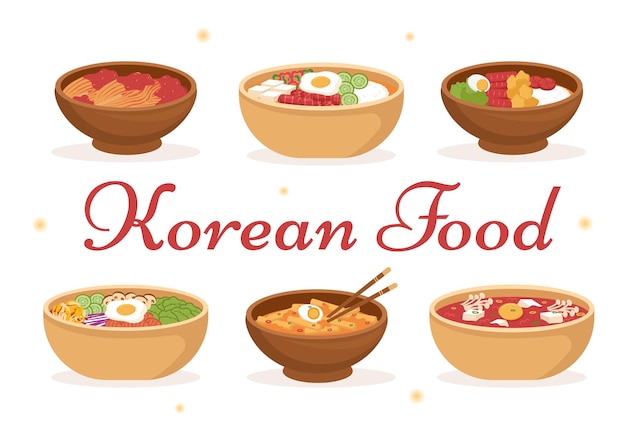 Menú de comida coreana de varias ilustraciones de platos de cocina deliciosa tradicional o nacional