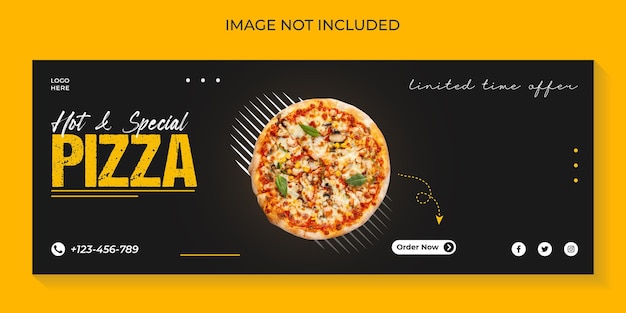 Vector menú de comida y deliciosa pizza plantilla de banner de portada de redes sociales