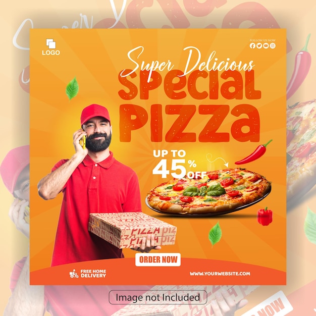 Menu de comida y deliciosa pizza plantilla de banner de las redes sociales