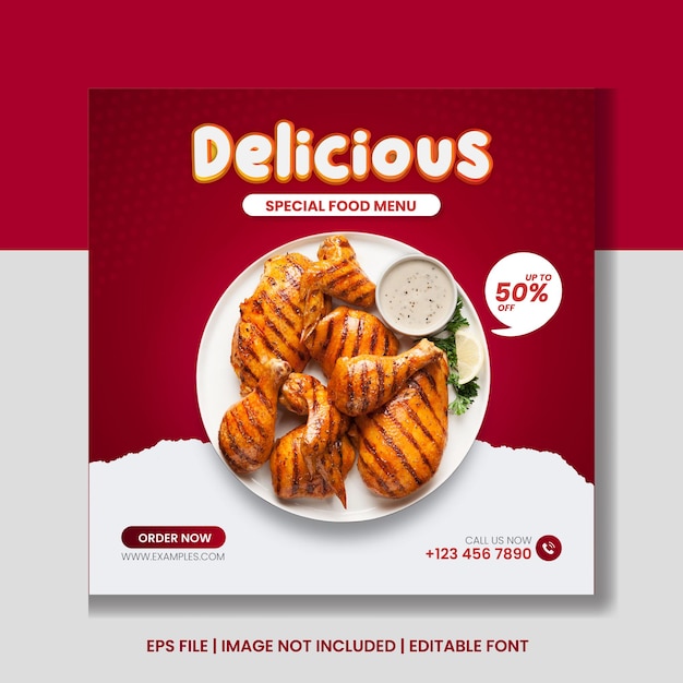 Menú de comida deliciosa y plantilla de banner de redes sociales