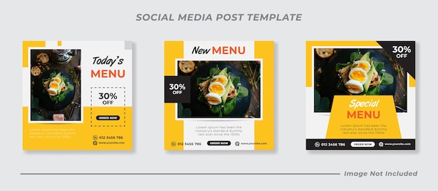Menú de comida deliciosa y plantilla de publicación de redes sociales de restaurante