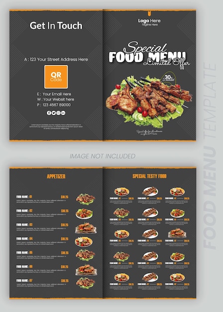 menú de comida deliciosa publicación en Instagram o redes sociales y plantilla de folleto bifold de restaurante