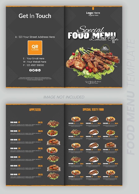 Vector menú de comida deliciosa publicación en instagram o redes sociales y plantilla de folleto bifold de restaurante