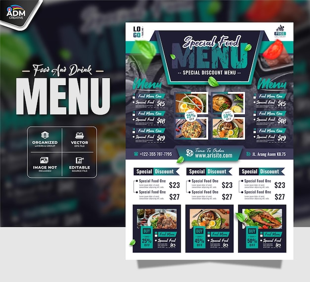 Menú de comida deliciosa volante de banner de redes sociales y plantilla de póster