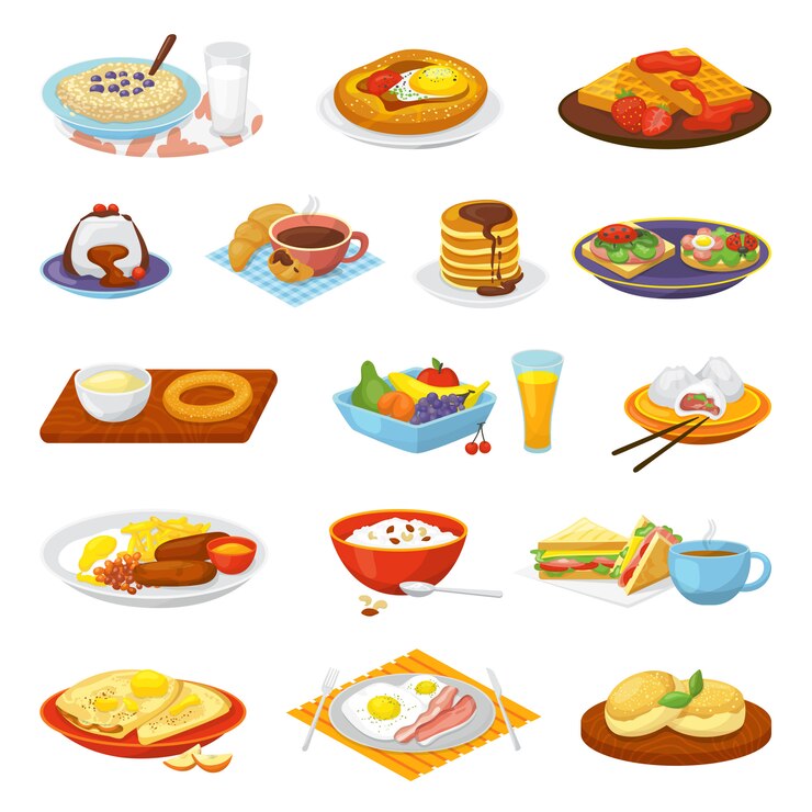 Vector menú de comida de desayuno de hotel clásico conjunto de ilustraciones. café, huevos fritos con bacon, tostadas y zumo de naranja, croissant, mermelada y cereales. restaurante de comida tradicional para el desayuno.