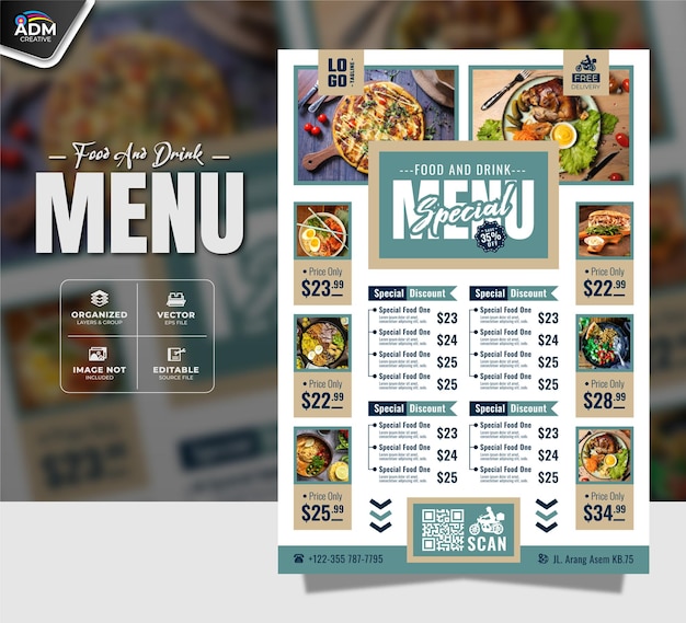 Menú de comida con descuento especial para la plantilla de pancarta y volante del restaurante