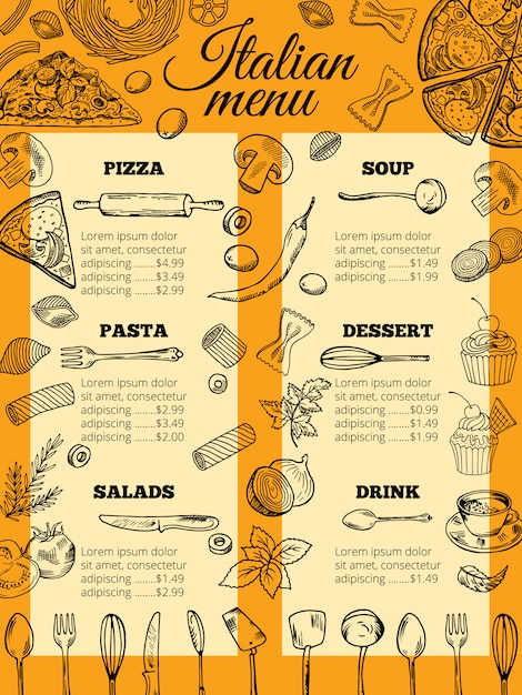 Vector menú de comida italiana de diferentes pastas y pizzas.