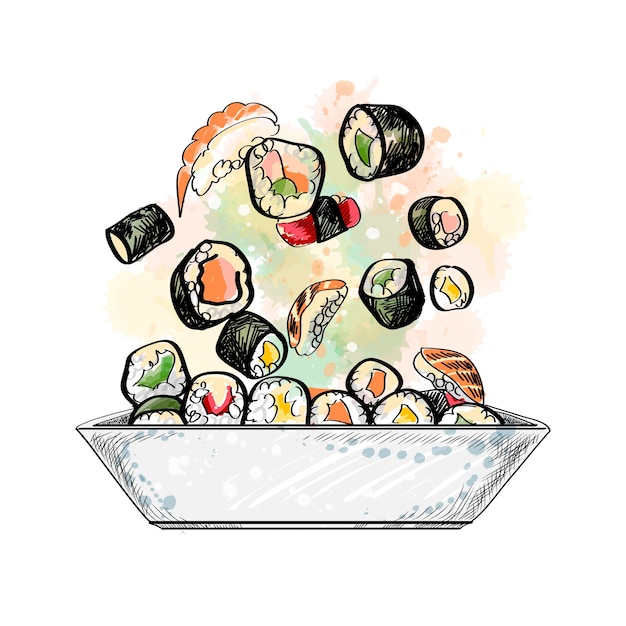 Menú de comida japonesa. vegetariano con un toque de acuarela, boceto dibujado a mano. ilustración de pinturas