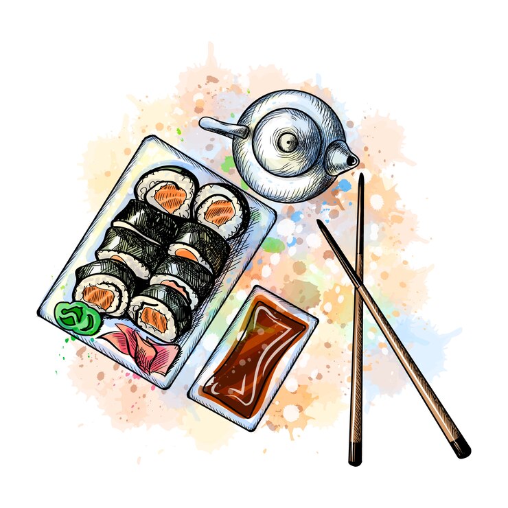Vector menú de comida japonesa. vegetariano con un toque de acuarela, boceto dibujado a mano. ilustración de vector de pinturas