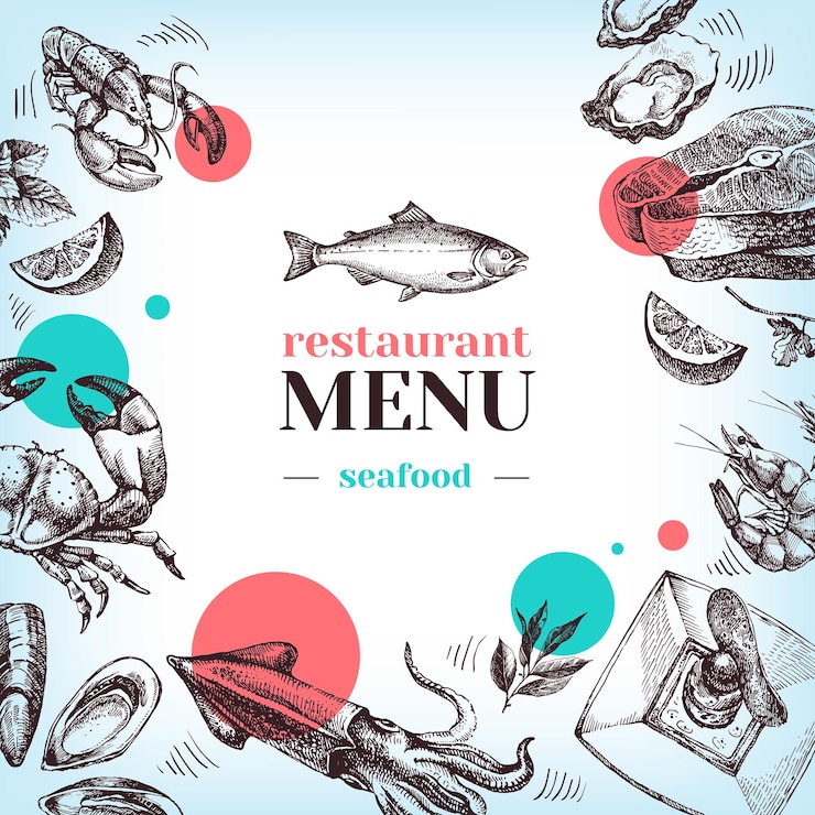 Vector menú de comida de mar de restaurante ilustración de vector de boceto dibujado a mano