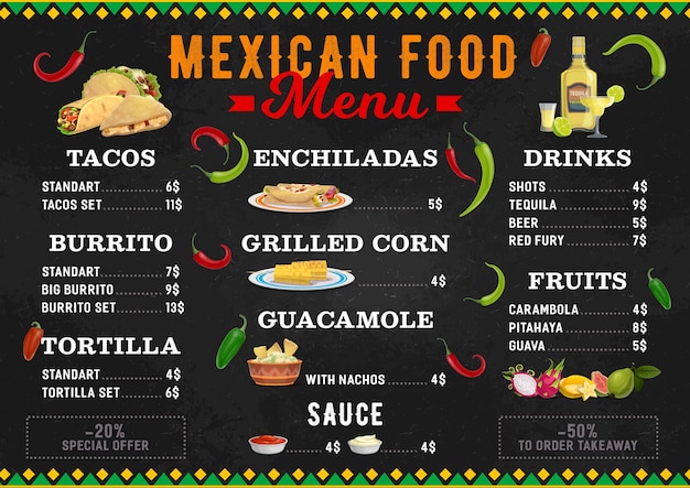 Vector menú de comida mexicana, cocina mexicana