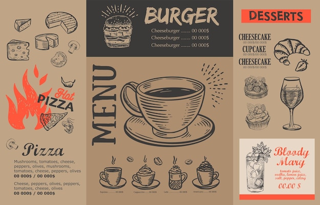 Menú de comida de pizza, restaurante, cafetería, diseño de plantilla. Ilustraciones dibujadas a mano, volante de comida.