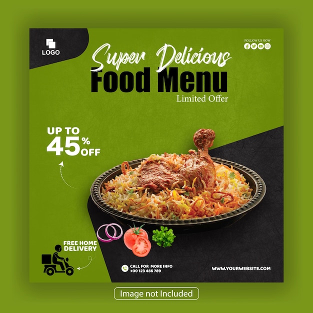 Menú de comida y plantilla de banner de redes sociales de deliciosa pizza