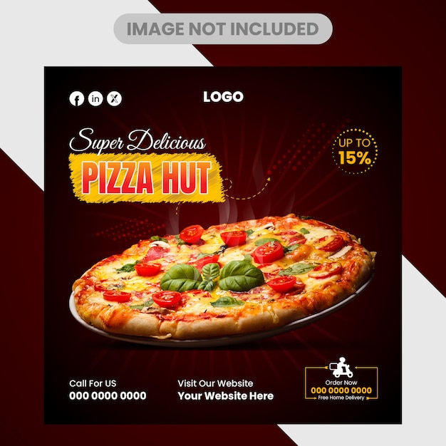 Menú de comida y plantilla de banner de redes sociales de deliciosa pizza