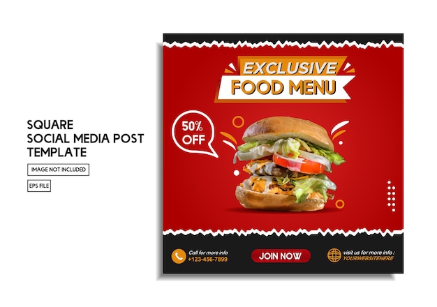 Menú de comida y plantilla de banner de redes sociales de restaurante