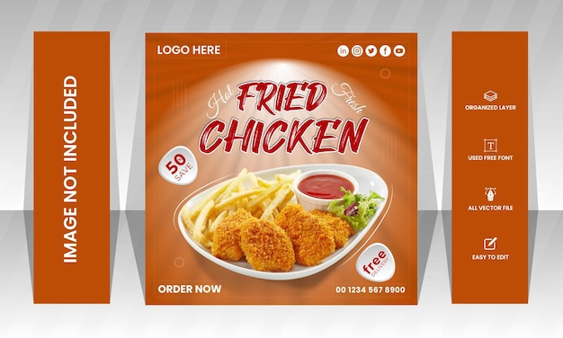 Menú de comida de pollo frito y plantilla de diseño de publicaciones en redes sociales vector premium