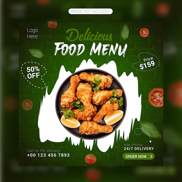 Menú de comida y promoción de redes sociales de pollo frito de restaurante y banner de instagram o diseño de publicación